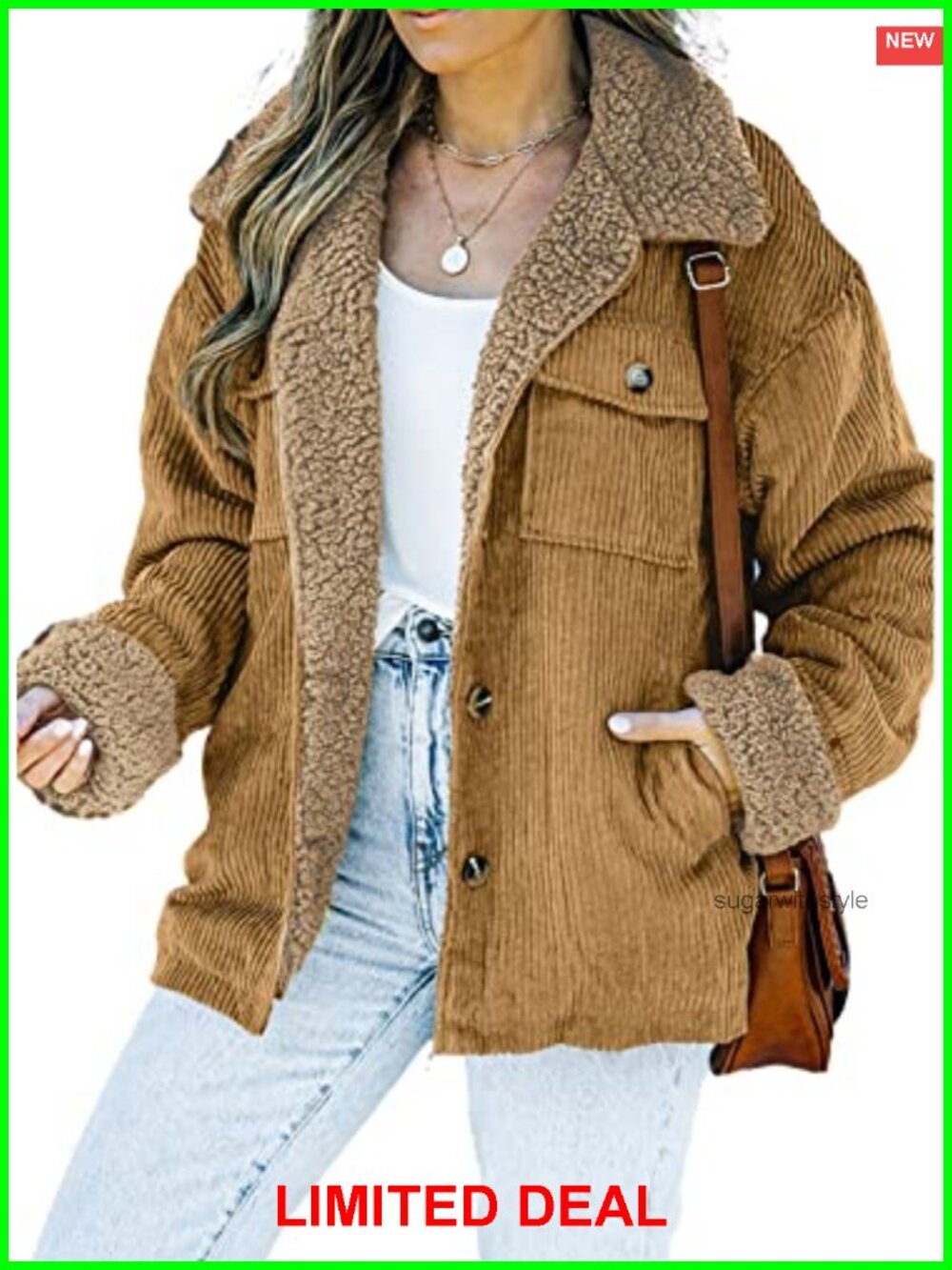 Corduroy Sherpa Lined Jacket Warm Fleece Winter Coat Casual Button